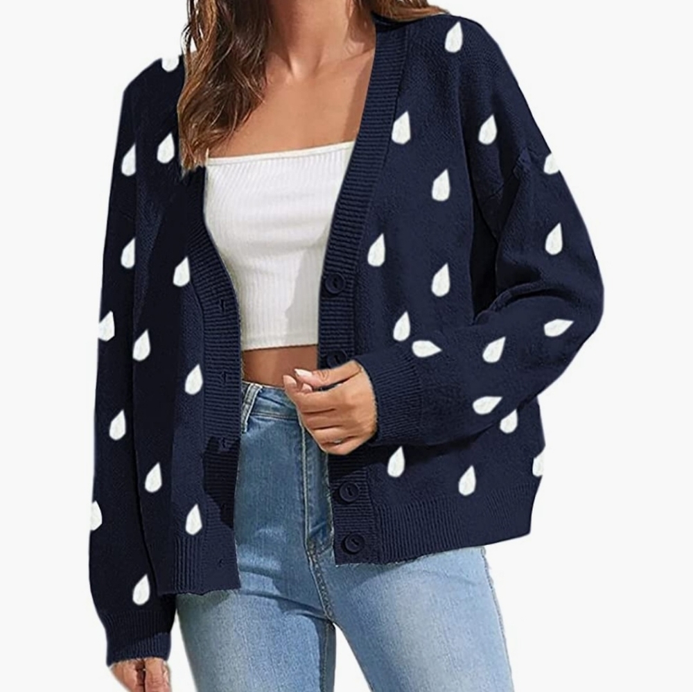 MISUMALLS Women's Cute Knit Cardigan Sweaters V Neck Long Sleeve Button Raindrop